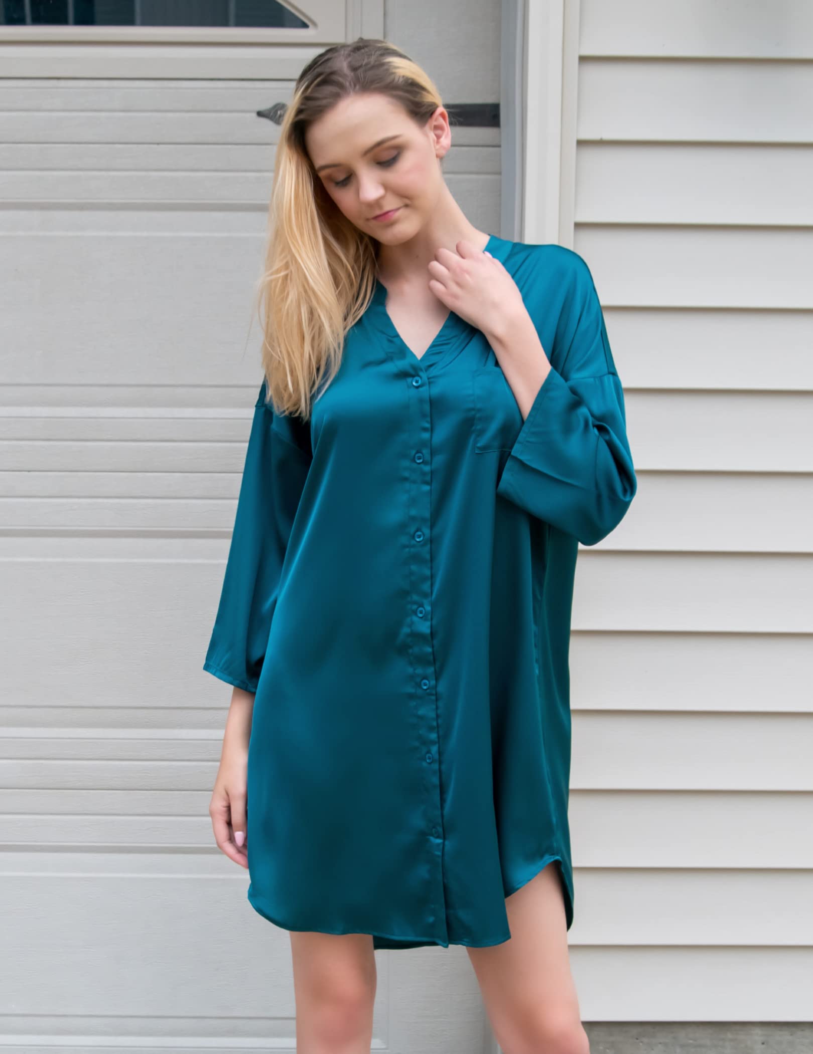 Ekouaer Satin Nightgowns for Women Silk Sleepwear Button Down Sleepshirt 3/4 Sleeve V-Neck Nightshirts with Pockets: Blue Green Large