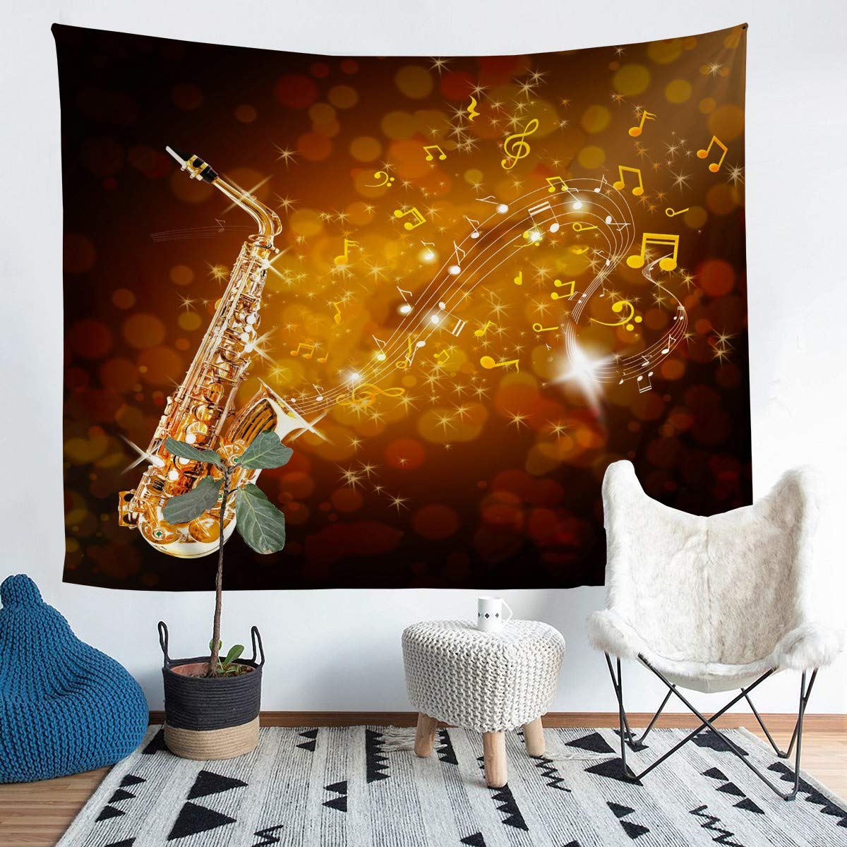 Classic Music Tapestry Wall Hanging Golden Saxophone Tapestry for Kids Boys Girls Jazz Funky Notes Design Wall Tapestry Musical Instrument Luxury Wall Art for Bedroom Living Room,Large 58x79 Inch