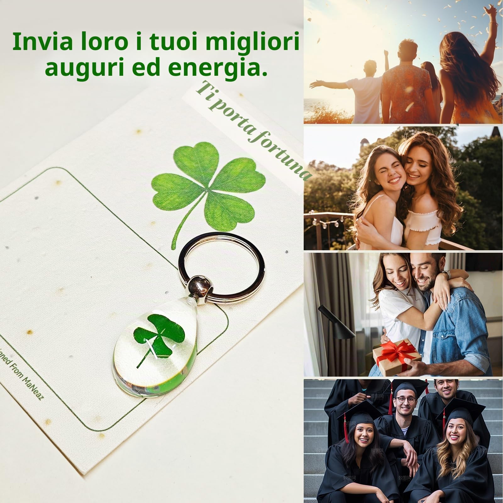 portafortuna Regalo di addio per i colleghi Regalo fortunato con vero portachiavi a quadrifoglio regali per colleghi Carte incluse Imballaggio in sacchetto di garza