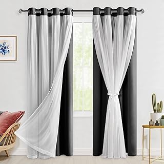 Hiasan Black Blackout Curtains with Sheer 84 Inches Long, Thermal Insula...
