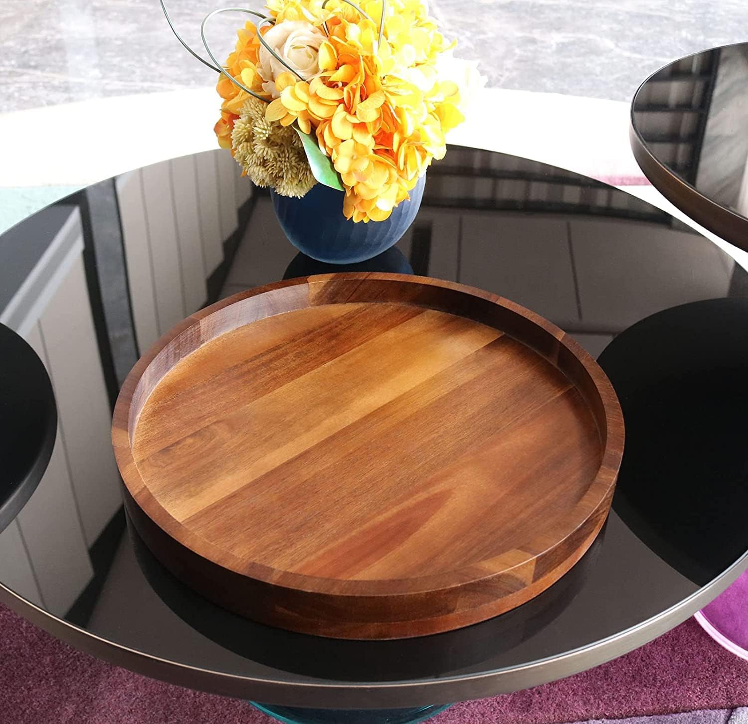 Acacia Wood Round Serving Tray, 13.8" Decorative Tray for Ottoman, Coffee Table, Couch, Kitchen Island, 1 Pack + Marble Salt Cellar with Lid and Wooden Spoon, 1 Pack