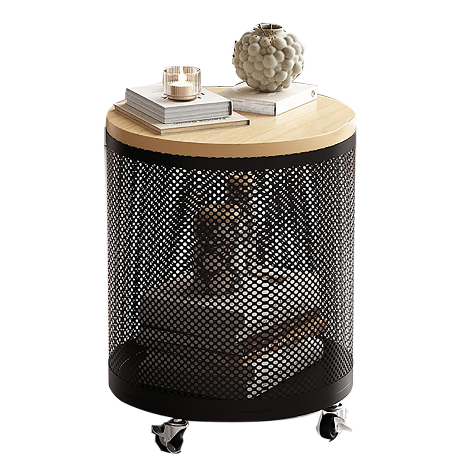 SXZenSpace Cylindrical End Table Slim Side Small with Wheels Snack Storage for Living Room Sofa Couch Bedroom(Svart)