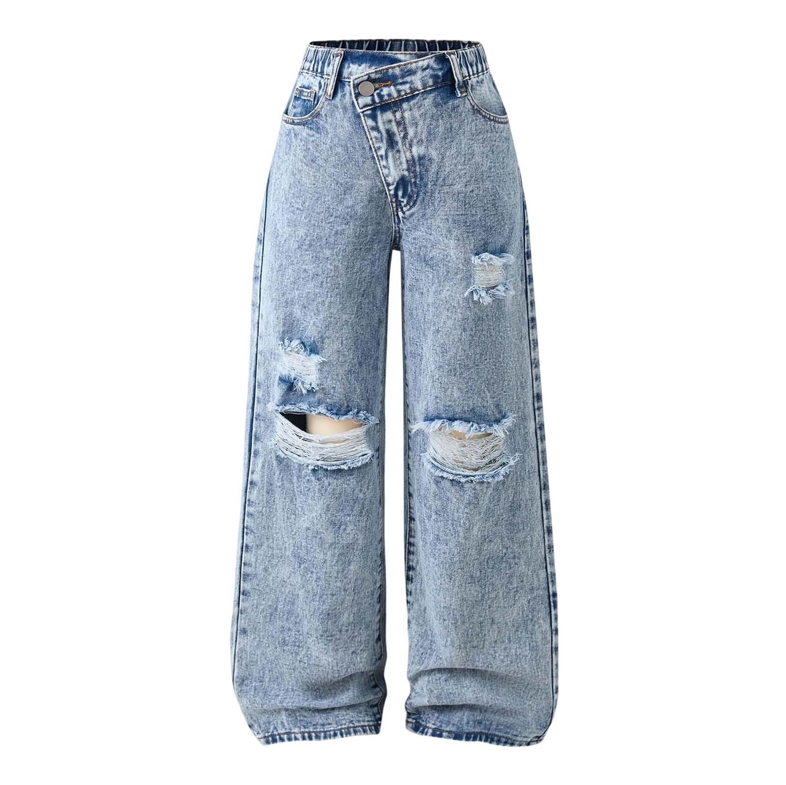 Jeans Ragazza-Pantaloni per Ragazze, Larghi, Larghi, Casual, Effetto Consumato, per Ragazze Adolescenti, con Design Asimmetrico Unico, Comodi da Indossare Tutti I Giorni