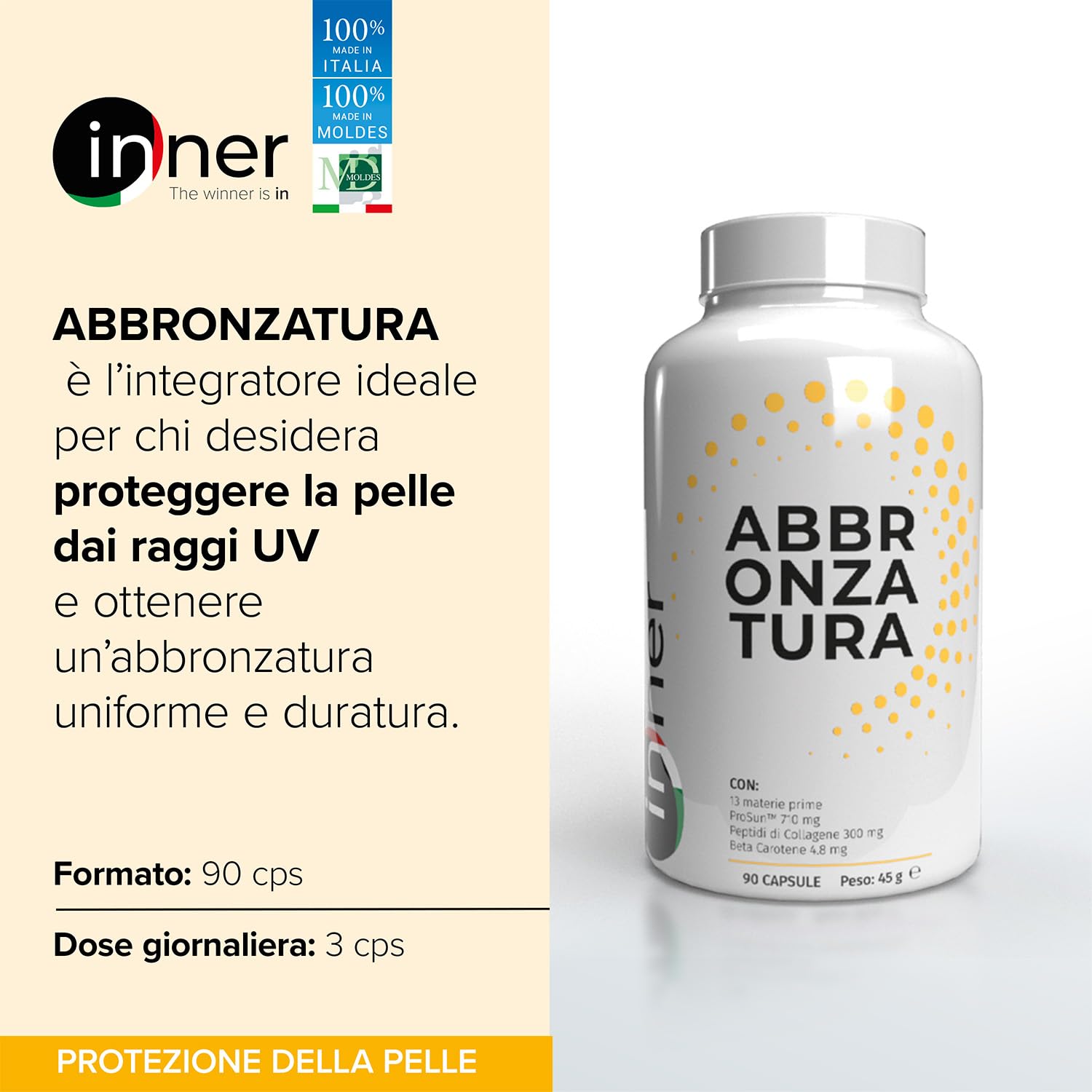 Inner Abbronzatura – 90 capsule – Integratore per Abbronzatura e Fotoprotezione – Protegge da Esposizione Solare e Stress Ossidativo – Stimola l’idratazione della Pelle