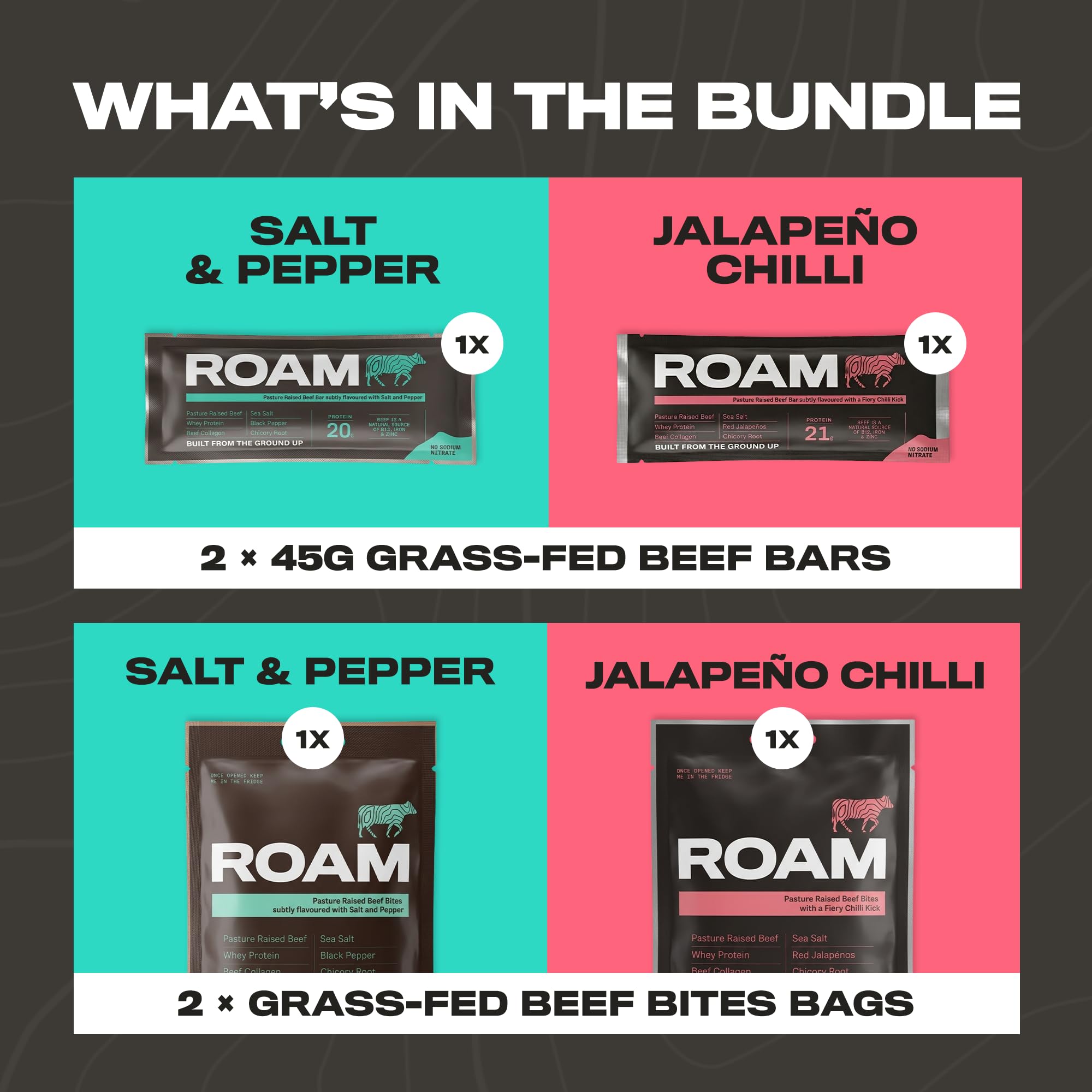 ROAM Beef Jerky Taster Pack, High Protein Snacks, 4er Probierpackung (2 x Beef Jerky Bars 45g, 2 x Beef Bites 70g) | Weiderindfleisch, wenig Zucker, ohne künstliche Aromen oder Konservierungsstoffe