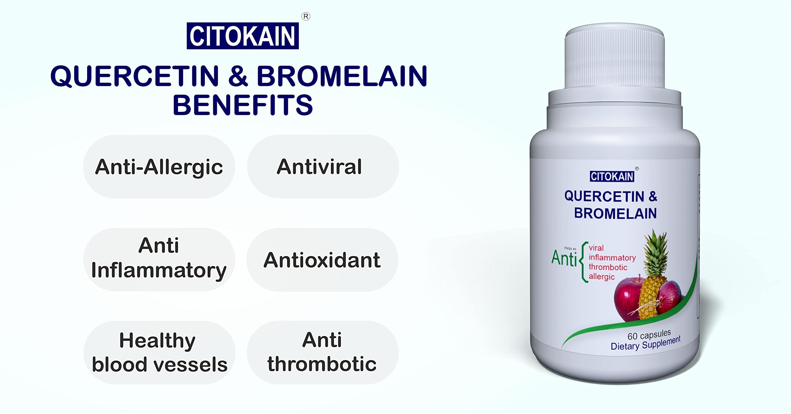 Citokain, Quercetin and Bromelain 60 Capsules, Quercetin - 400mg, Bromelain - 300mg (pack of 1) 1