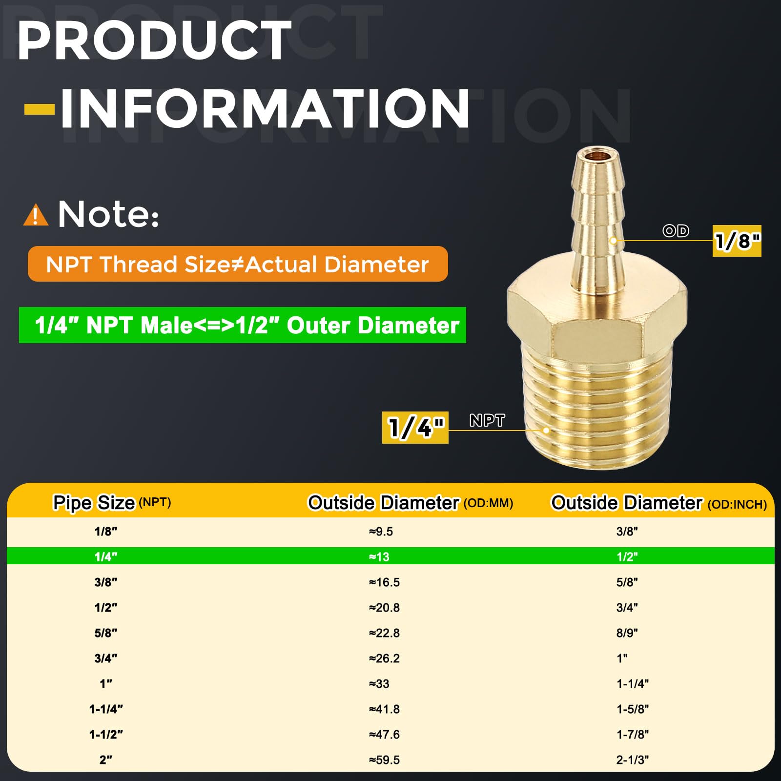 METALLIXITY 6Pcs Brass Hose Barb to NPT Male Adapter 1/8" Barb x 1/4" NPT Male for Automotive Motorcycle, Marine, Truck - Image 2