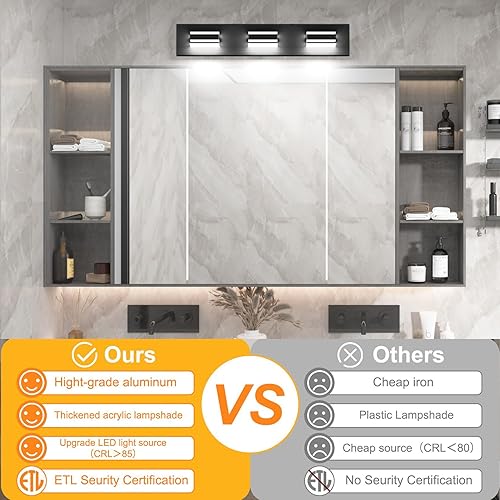 Miniatura 2 de Ralbay Luces LED modernas para tocador de baño, color negro, 3 luces, 24 pulgadas, negro mate, moderno, acrílico, accesorios de iluminación de pared