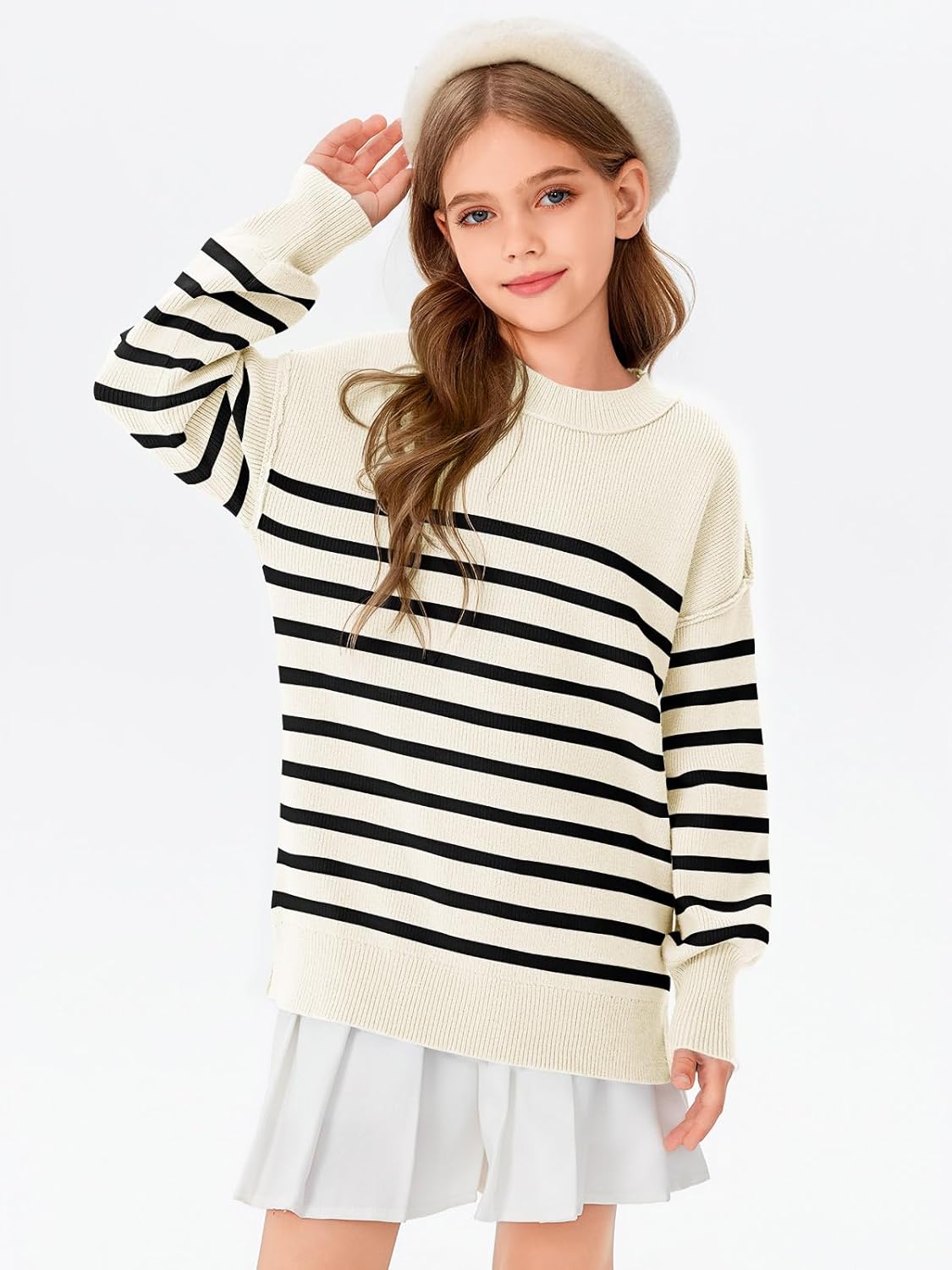 Haloumoning Sweatshirt meisjes strepen ronde hals kinderen trui casual lange mouwen tops, wit, 4-6 Jaar