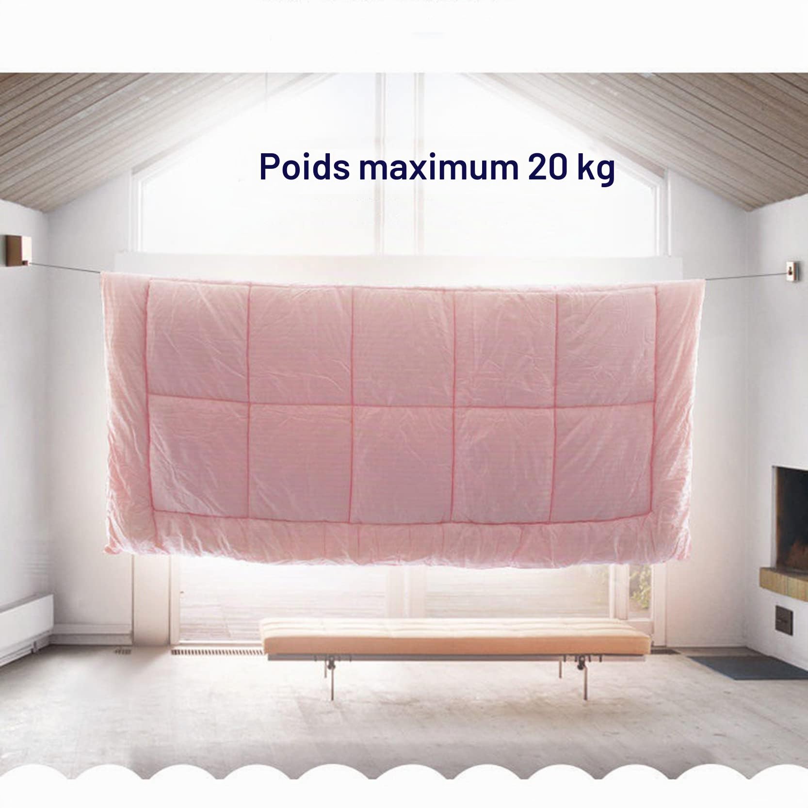 Étendoir à linge rétractable de 6 m, fixation murale, robuste, avec câble métallique en acier inoxydable 304, pour intérieur et extérieur, blanc