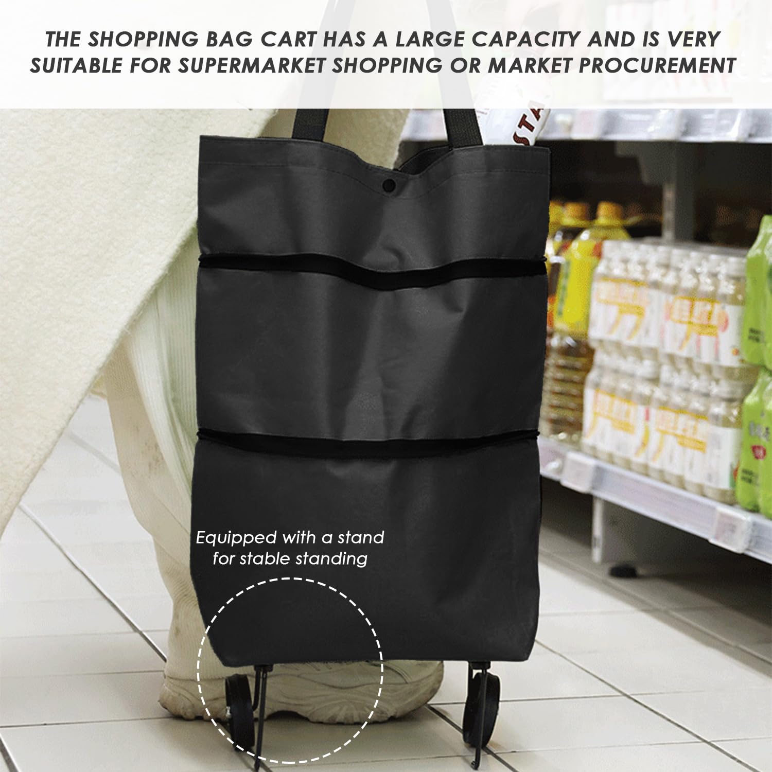 Chariot Sac De Courses Pliable Avec Roulettes + Portefeuille - Grande Capacité Noir