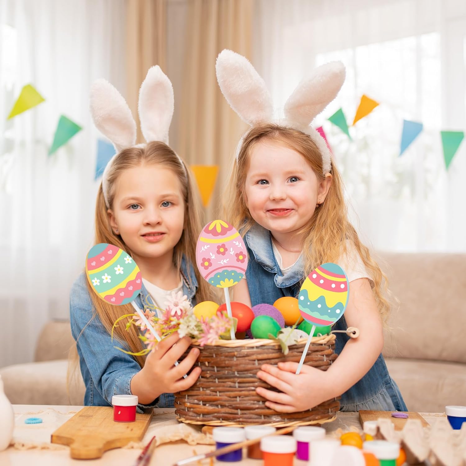 3 Pieces Easter Table Decorations, Wooden Eggs Signs, Colorful Easter Tiered Tray Decor for Home Kitchen Decorations (Eggs)