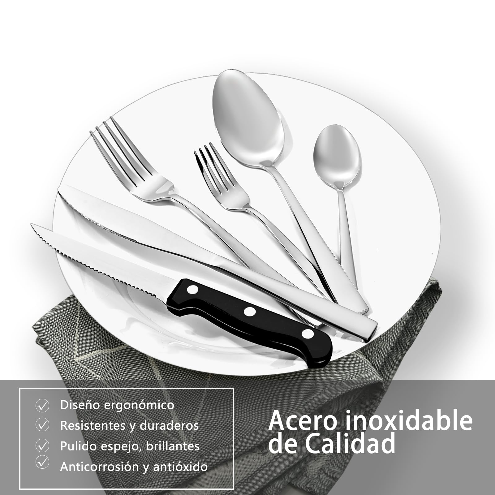 Cubiertos Acero Inoxidable 36 Piezas - Juego de Cubiertos para 6 Personas Cubertería Completa con Cuchillos de Carne, Cuchillos de Mesa, Tenedores y Cucharas - Diseño Moderno Apto Lavavajillas