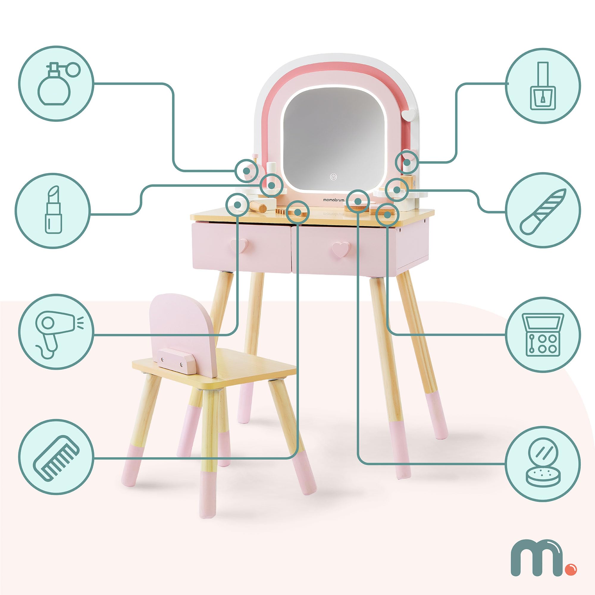 mamabrum Toeletta In Legno Per Bambini Con Specchio LED, Luce Regolabile, Sgabello E Accessori – Arredo Educativo E Creativo Ideale Per La Cameretta E Il Gioco Di Ruolo