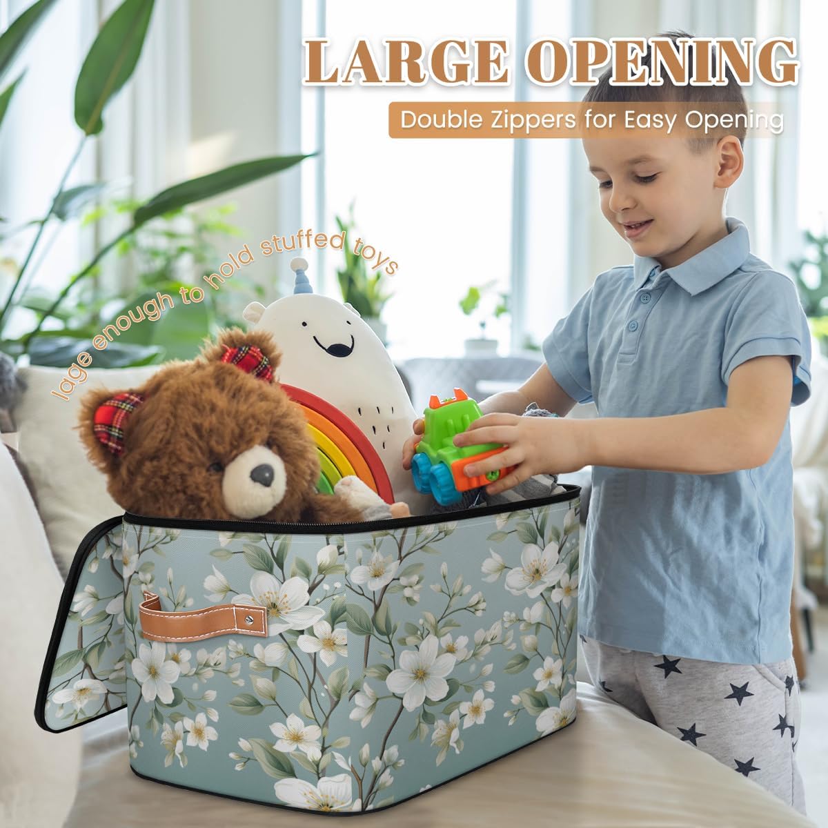 Storage Bin Set of 2 White Floral Storage Basket with Zipper Lid & Handle Foldable Closet Shelf 2 Pack Cloth Organizer Basket Cube Bins Clothes Organizer for Bedroom, Nursery