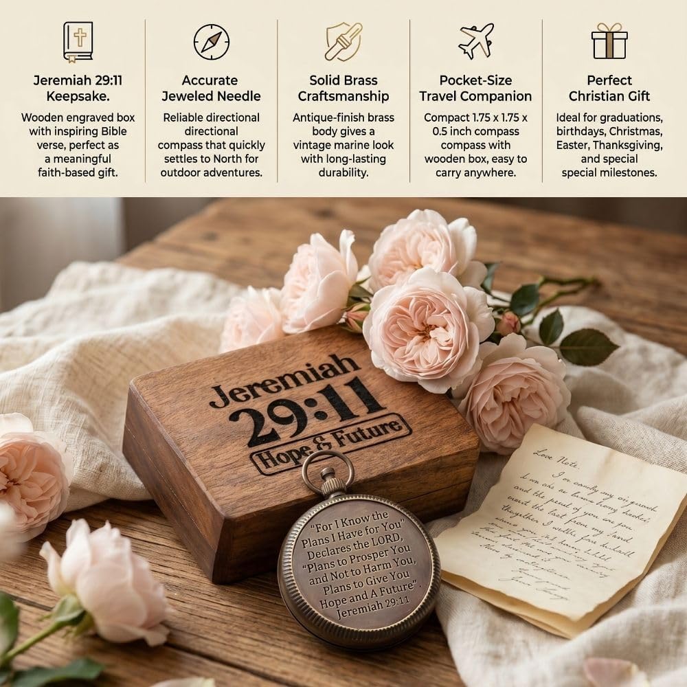 Compass – Brass Directional Vintage Compass Engraved with “for I Know The Plans I Have for You – Jeremiah 29:11” Communion Christian Gifts for Women/Men, Nautical Handmade Antique Décor Baptism Gifts