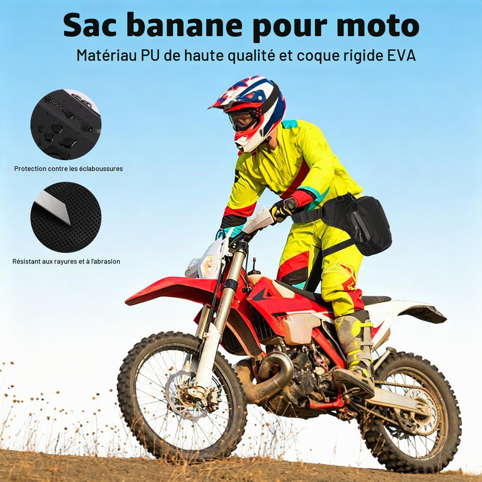 Sacoche de jambe pour moto, étanche en EVA rigide, sangle de jambe réglable et sac banane 2 en 1, prise casque, grande capacité, sac de sport pour cyclisme, randonnée, voyage