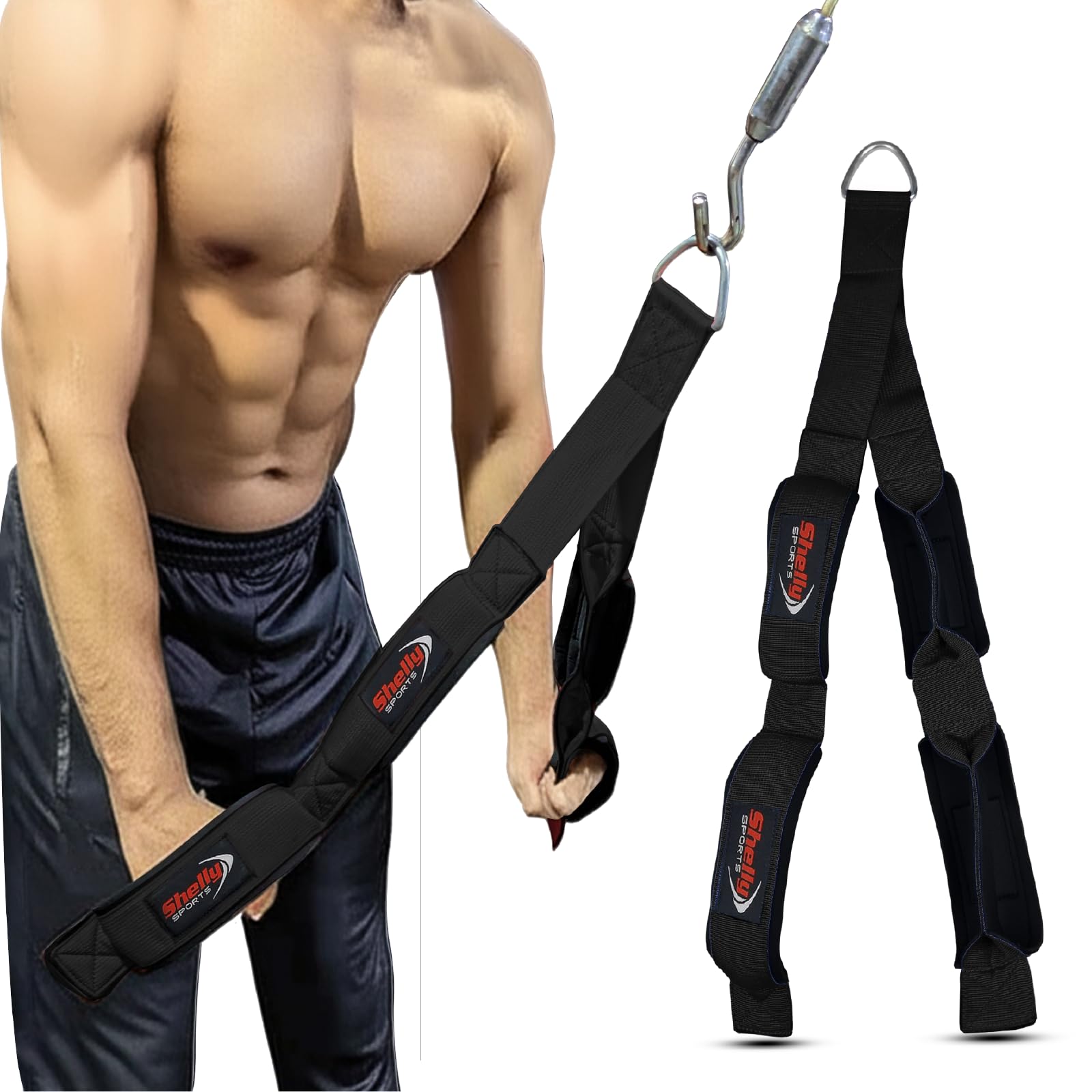 Shelly Triceps Rope Gym Cable Machine Attachments with Carabiner Anti-Slip Triceps Strap 2 Loops Neoprene Handles Pulldown Rope for Pushdowns Pulls Crunches Overhead Extensions Biceps Curl (Black) — image 1