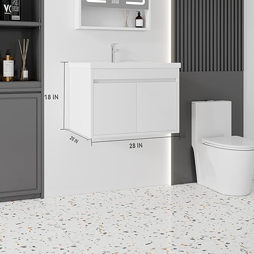 Miniatura 178 de Tocador de baño de 20 pulgadas con lavabo de cerámica, tocador de baño pequeño montado en la pared con puerta de cierre suave, gabinete flotante