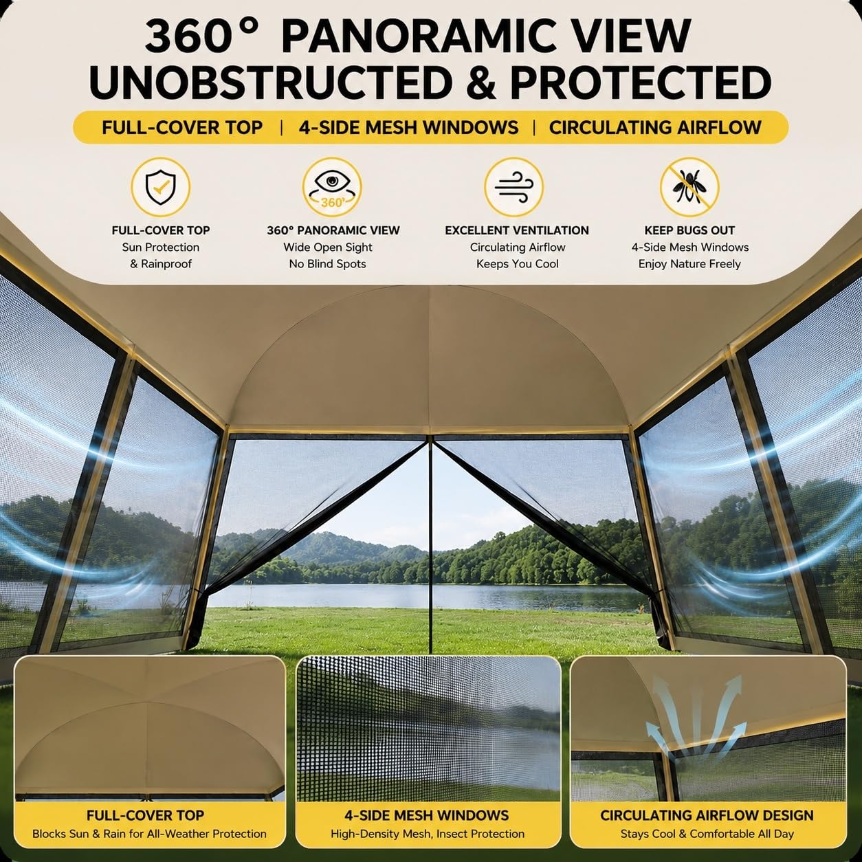 Gazebo da Campeggio con Zanzariera, Ampio Riparo da Esterno con Tetto Completo, Ventilazione a Rete 360°, Montaggio Rapido, Gazebo Anti-Insetti per Campeggio, Giardino, Barbecue e Picnic