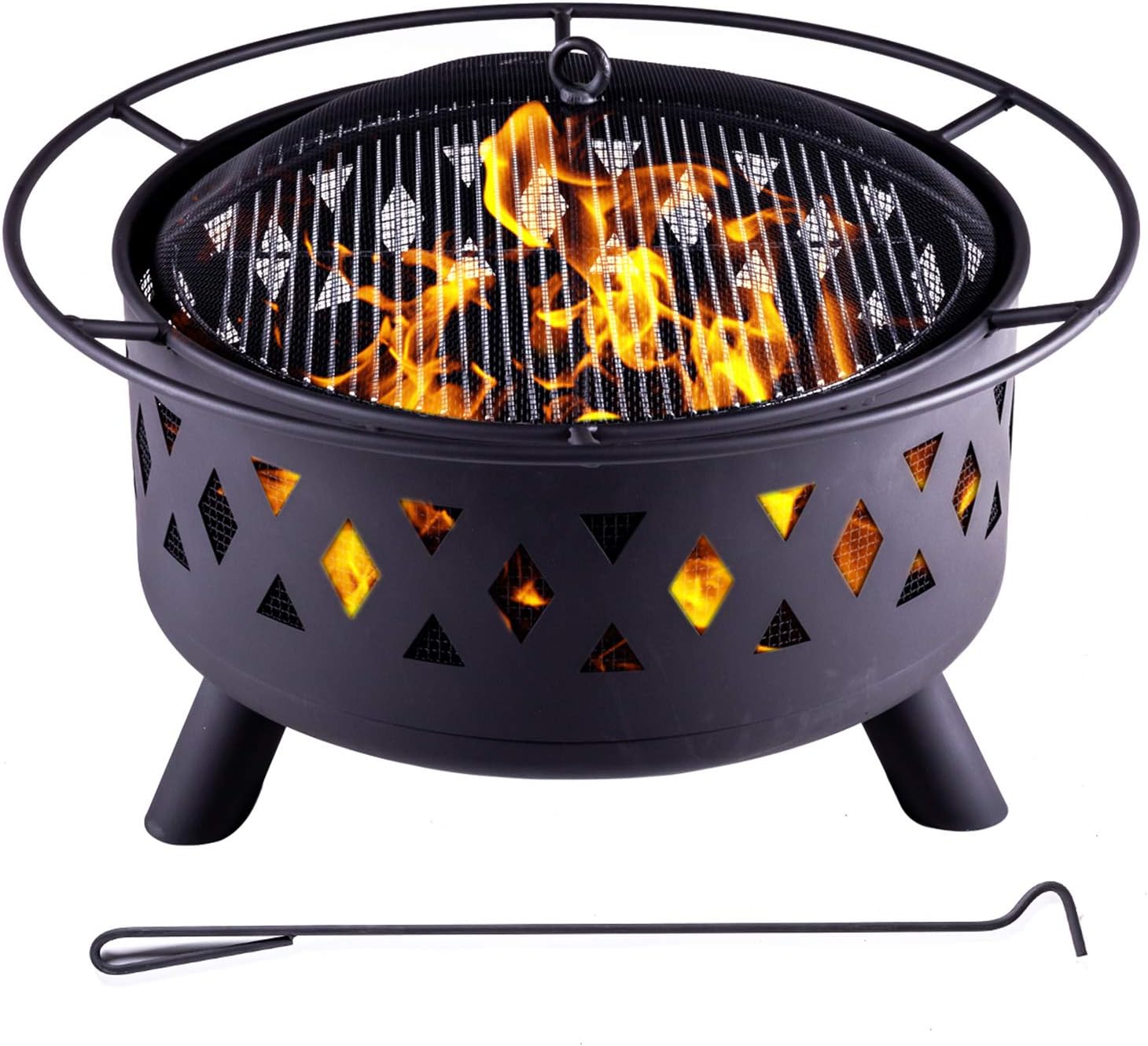 30in Outdoor Fire Pit with BBQ Grill, Large Size Bonfire Burning Wood Grill, for Patio Backyard Camping Ranch Family Firepit Cooking Grill, Round Fire Pit Cover, Black
