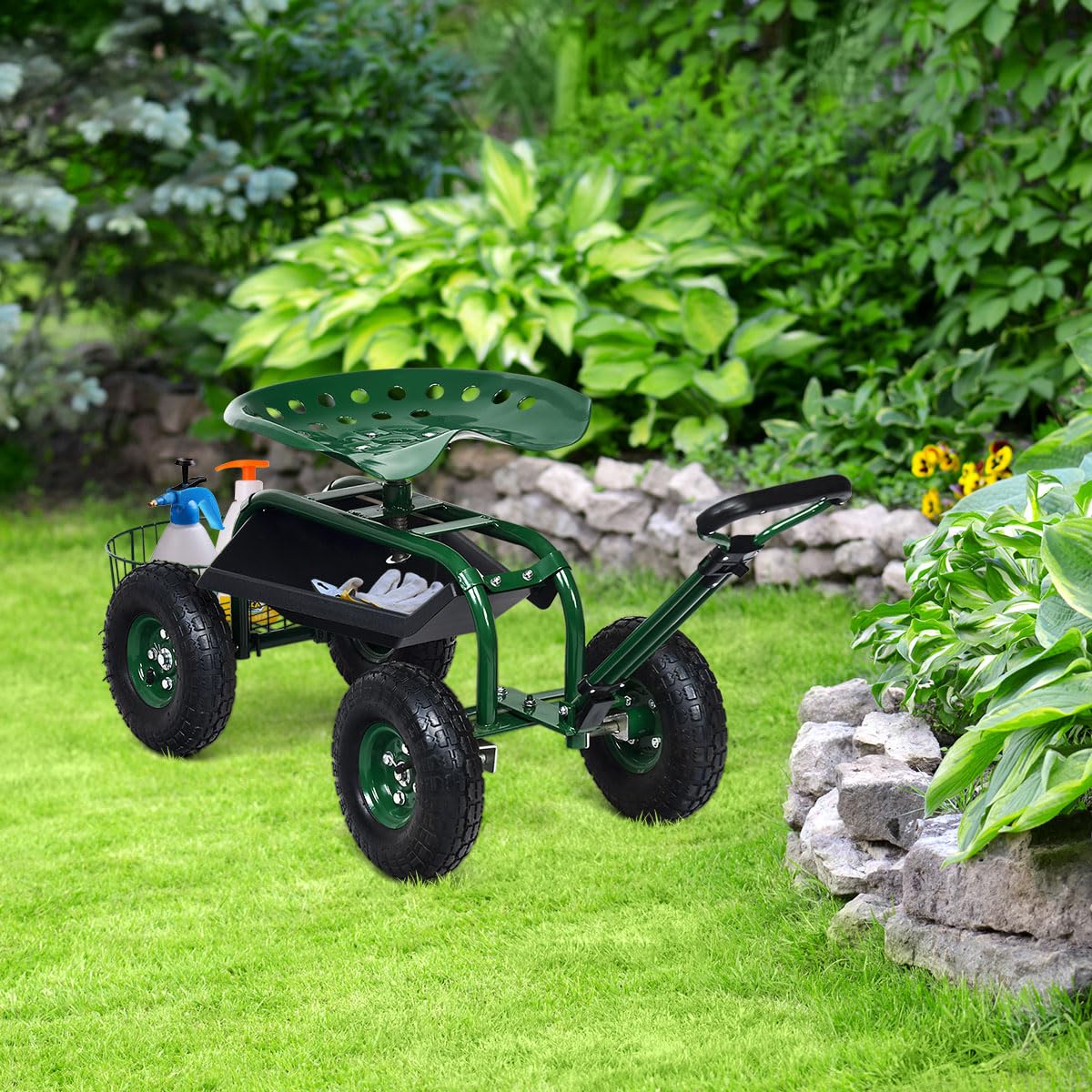 COSTWAY Asiento de Jardín con Ruedas y Asa Extensible, Taburete Móvil de Trabajo de Jardinería con Cesta, Asiento Ajustable, 2 Bandejas de Herramientas (96,5 x 48,5 x 45,5-54,5 cm)