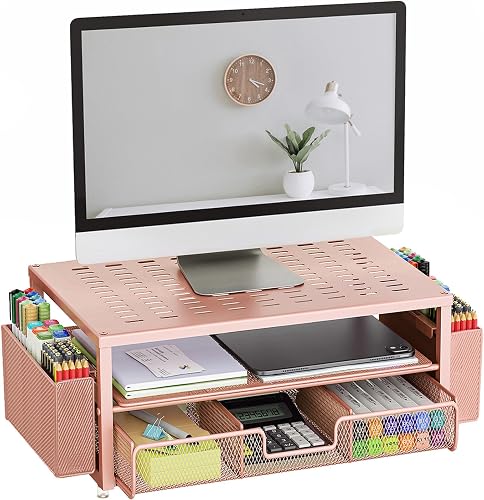 gianotter Desk Computer Monitor Stand Riser with Drawer and 2 Pen Holder, Desk Accessories & Workspace Desk Organizers, Desktop Organizer for Office Supplies (Rose Gold), D-3-2