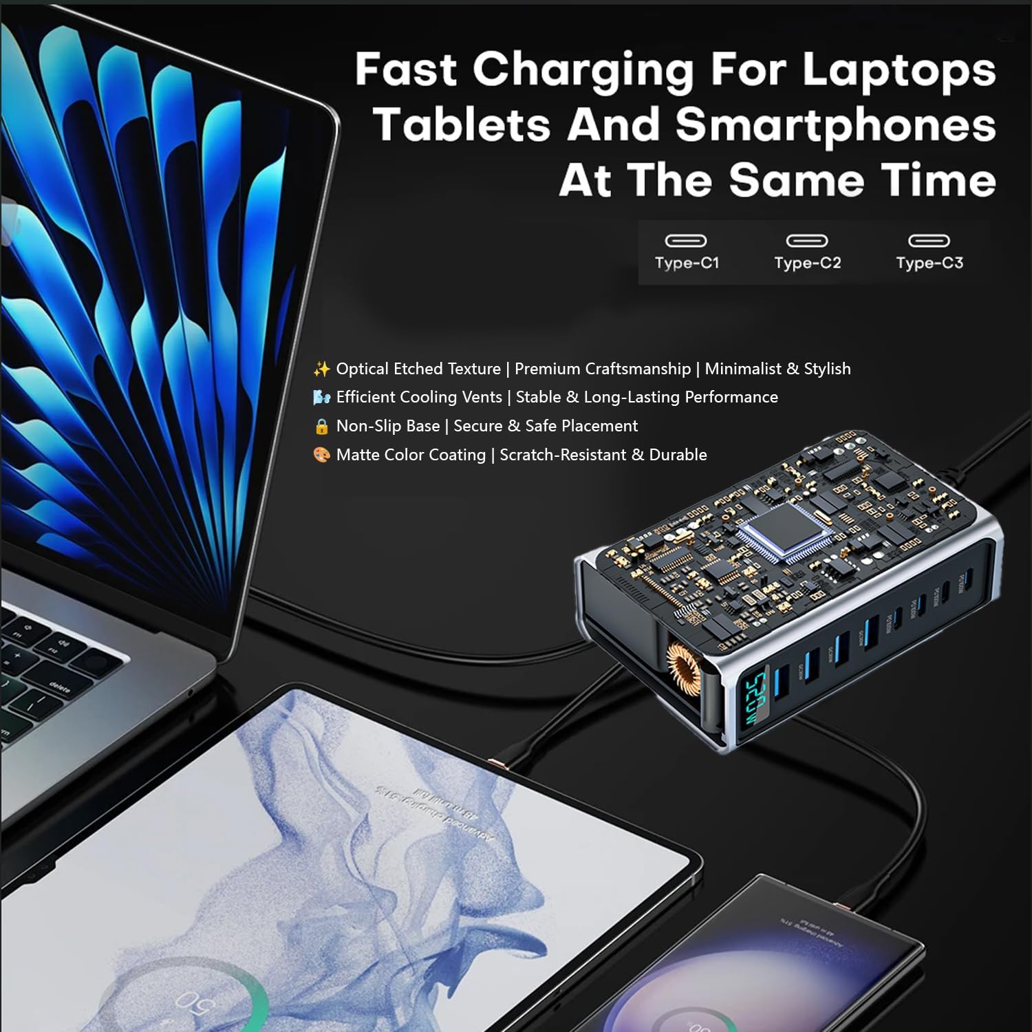 520W GaN5.0 Fast Charging Station, 8-Port USB Fast Charging Station Hub, 4×PD100w Type-C and 4×QC30W USB-A Desktop Compact Charger Adapter for Laptops, Tablets, Mobile Phones, Headphones (520W Silver)