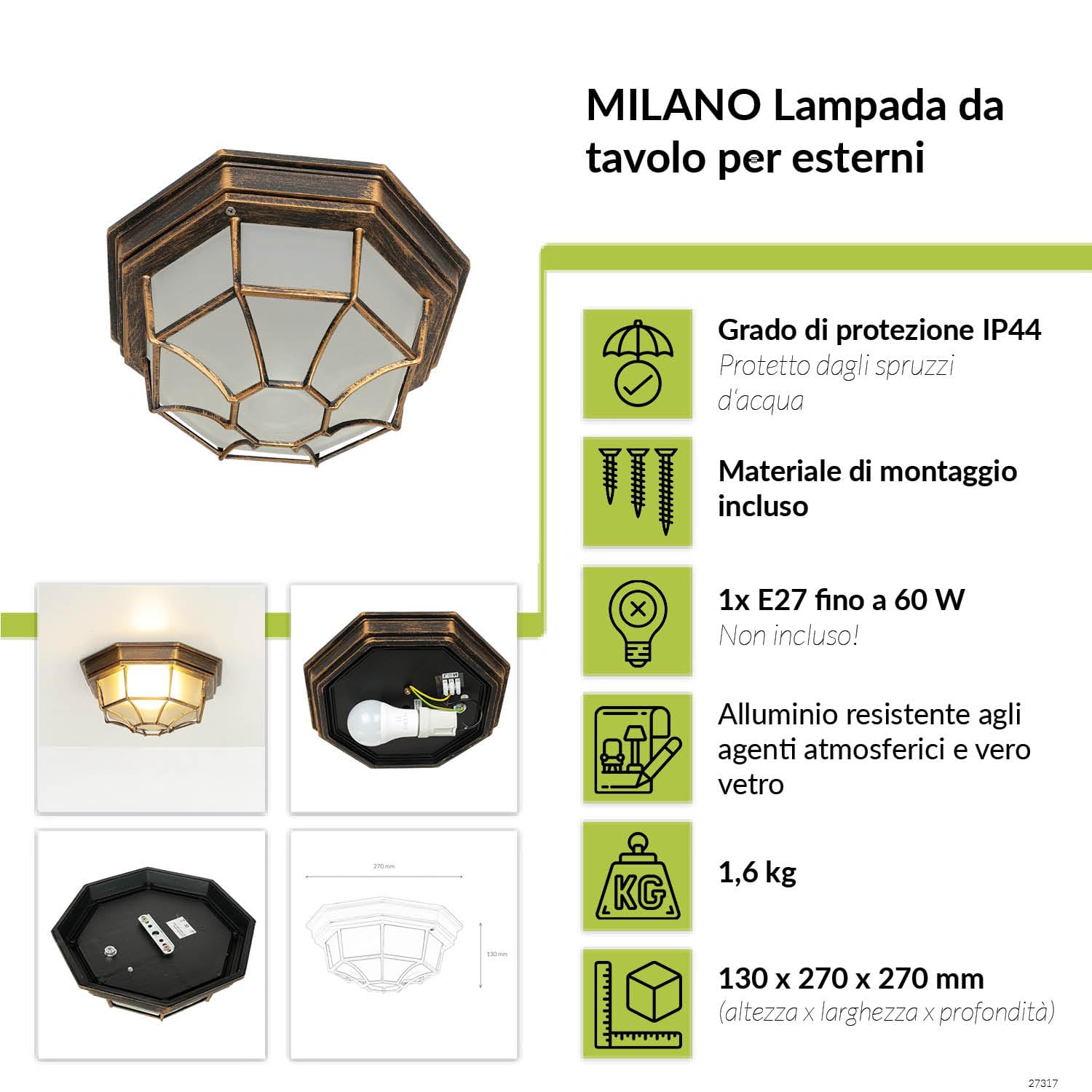 licht-erlebnisse Plafoniera da soffitto per esterni MILANO in stile country color rame antico L:27cm E27 IP44 resistente alle intemperie Lampadario Giardino Terrazzo