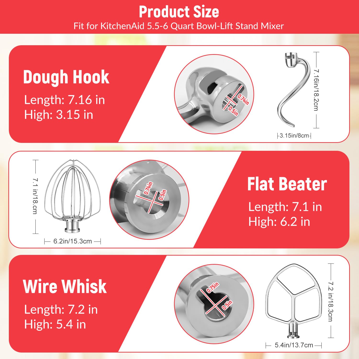 Miscelatori da cucina Accessori in acciaio inox per miscelatori KitchenAid, frusta a filo K256WW, gancio per impasto da 6 QT e paletta a lama piatta per aiuto da cucina 5,5-6 litri con testa