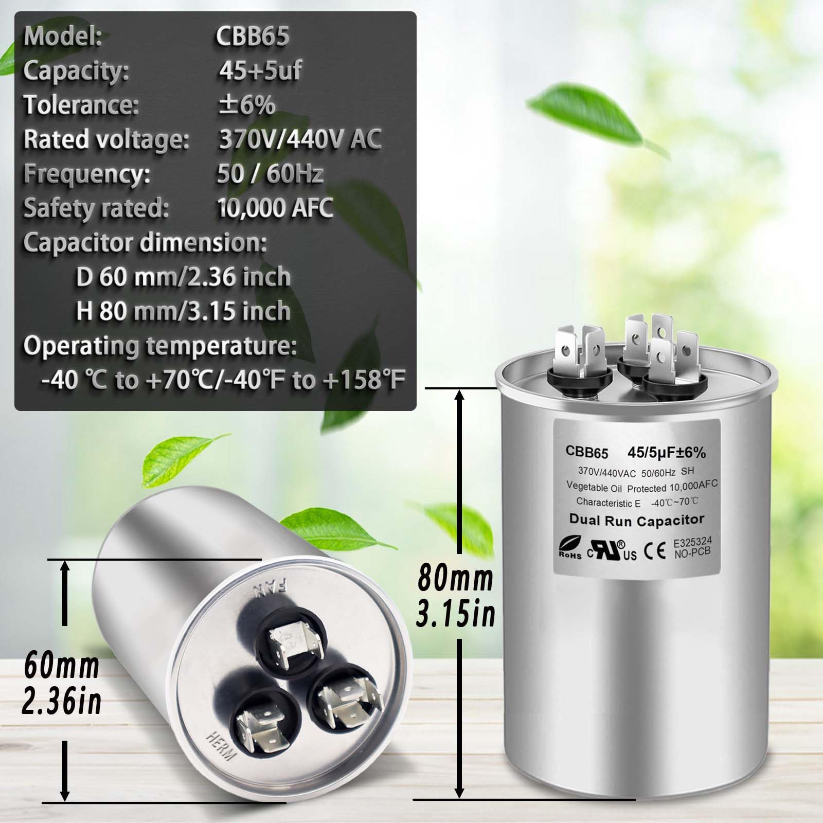 45/5 uF 45+5 MFD 370V or 440V Dual Run Start Round A/C Capacitor, 45 5 uF 370 440 Volt VAC CBB65B Air Conditioner Capacitors for AC Unit, Fan Motor Start, Heat Pump, Condenser Straight Cool, 1PCS