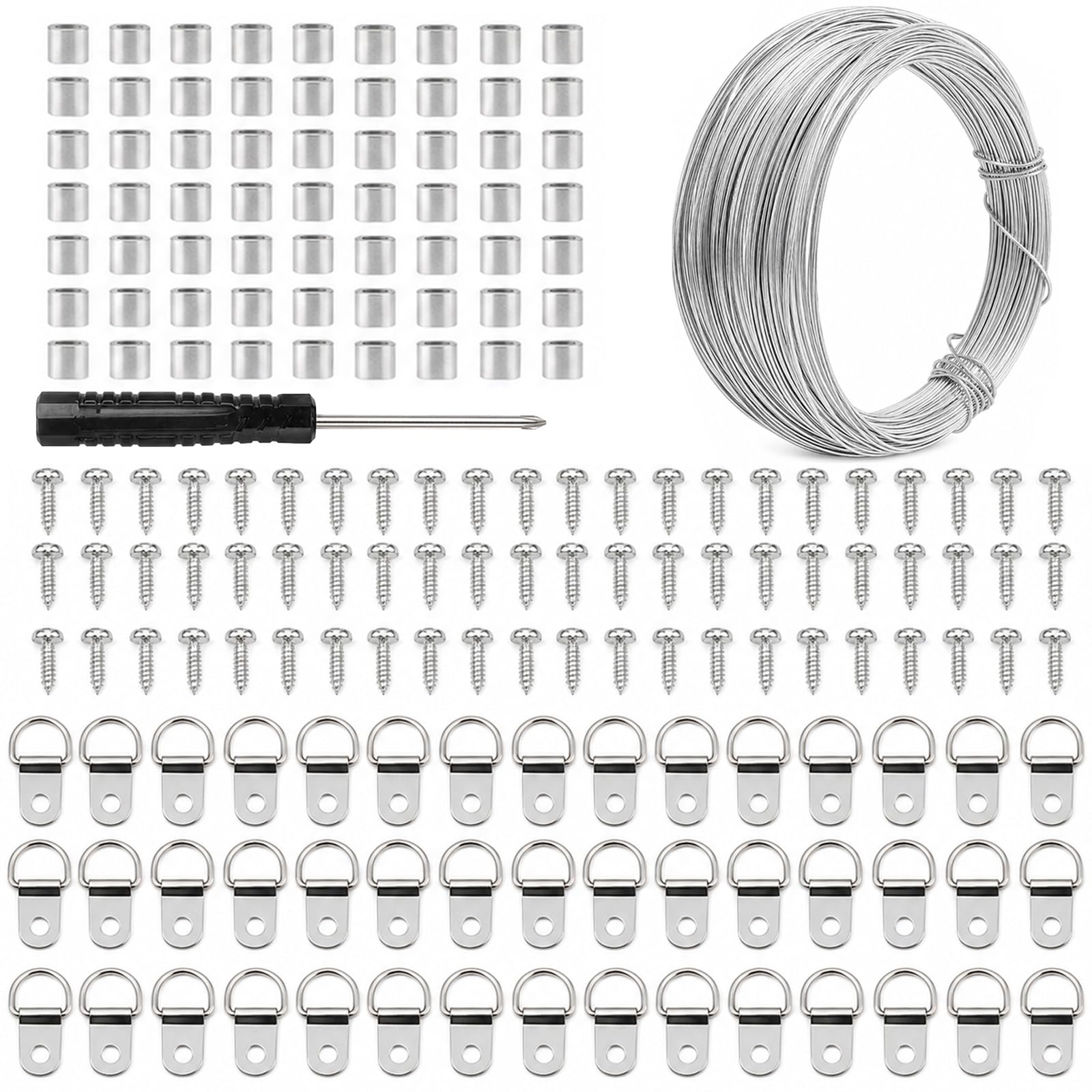 202Pcs 1.2mm x 30m Picture Hanging Wire Kit, Picture Wire Heavy Duty with D Rings for Picturehanging, Screws, Aluminum Sleeves, Screwdriver, Mirror Hanging Kit for Frames, Mirrors, Art