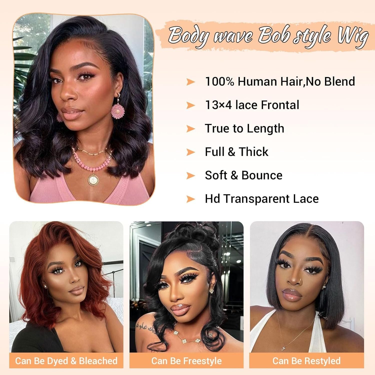 Bob Wig Human Hair 13x4 Body Wave Lace Front Wigs Human Hair Pre Plucked 10 Inch 100% Real Human Hair Wigs 220 Density HD Lace Frontal Wigs for Women Can Last 6-9 Months Body Wave Bob Wig