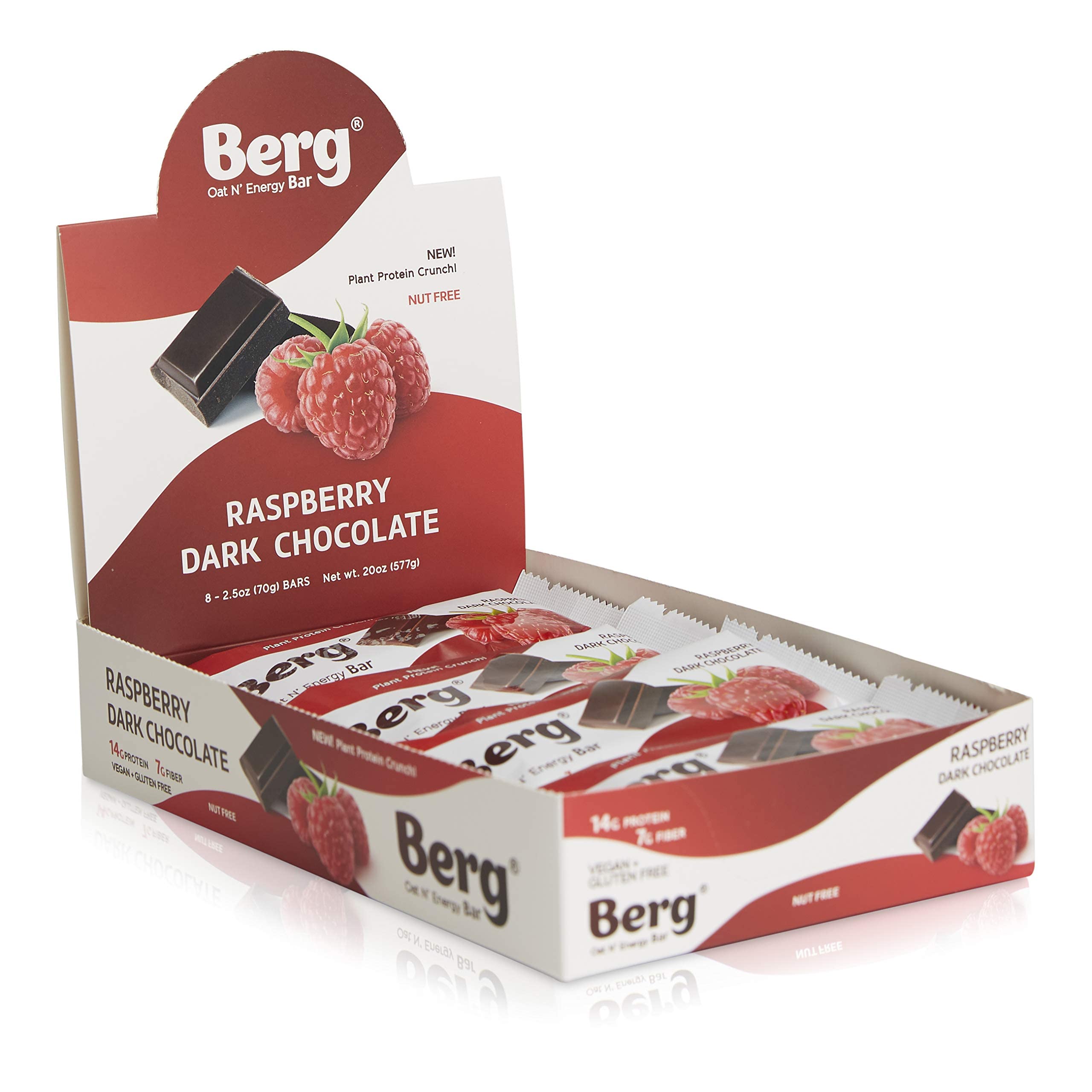 Berg Oat N' Energy Bar | Raspberry Dark Chocolate | Plant Based Protein Bar | Non-GMO, Gluten Free, Nut Free and Vegan | Low Sugar, Healthy Snack Bar | High Fiber | On The Go | 2.5oz (8 Packs)