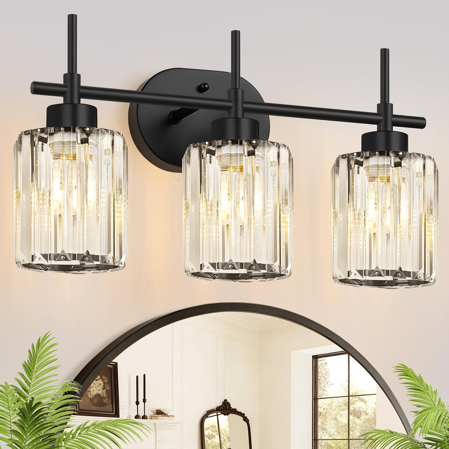 Photo 1 of Meybiok 3-Light Crystal Vanity Light, Matte Black