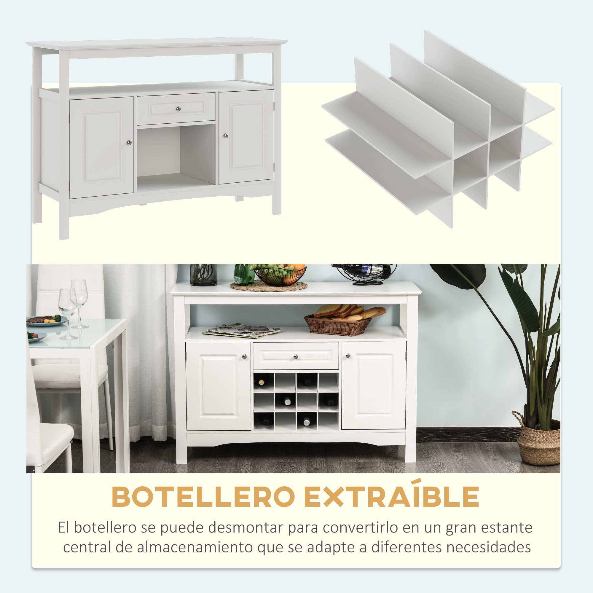 HOMCOM Aparador de Cocina con 1 Cajón 2 Puertas 116,5x40x82,5 cm Blanco | Mueble Buffet Auxiliar, 1 Estante Abierto, Botellero para 12 Botellas, Armario de Almacenamiento para Salón, Bar