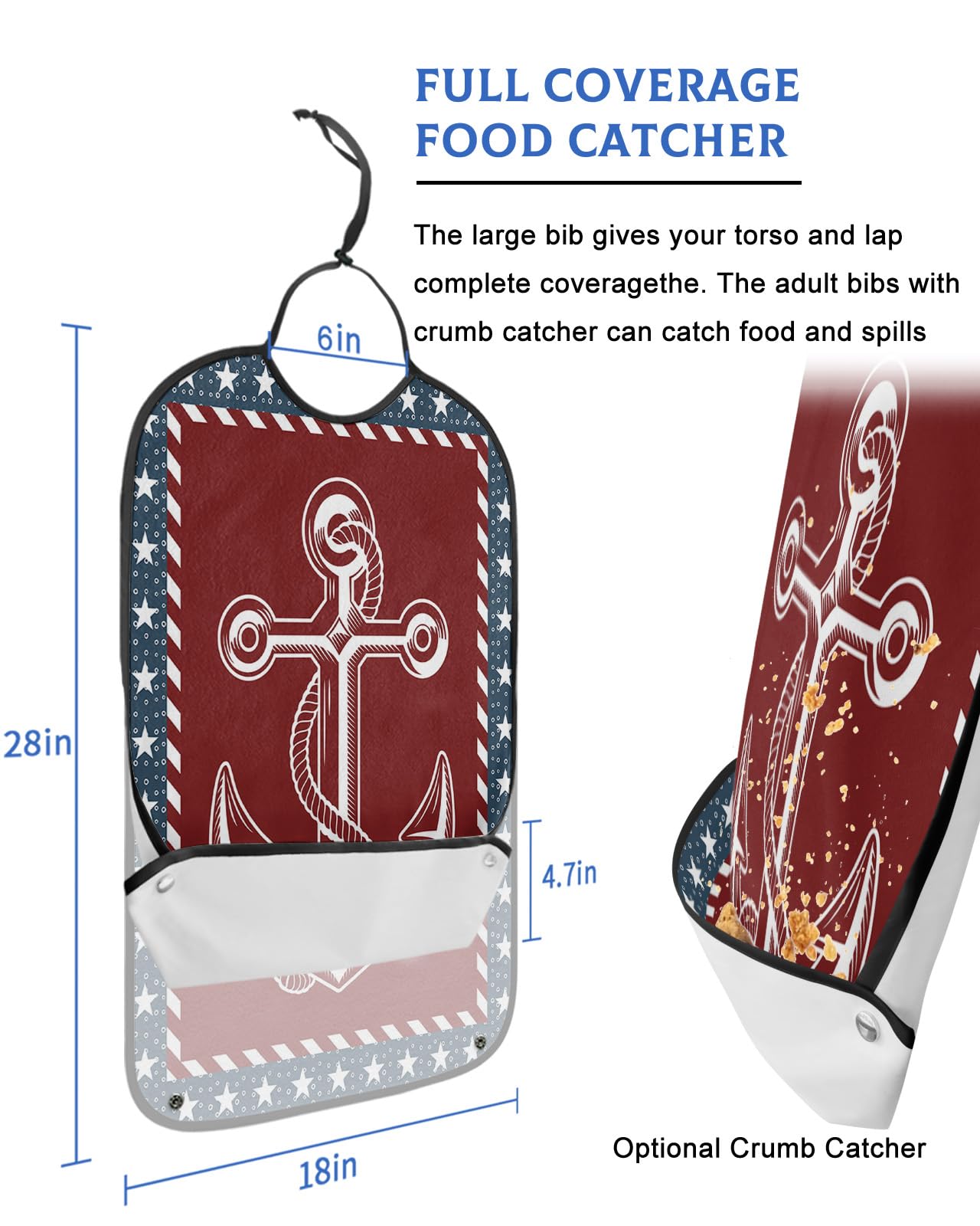 4th of July Adult Bibs for Eating, Waterproof Bibs with Food Catcher & Adjustable Snap Closure, Independence Day Ocean Navigate Anchor Washable Clothing Protectors Adult Bibs for Elderly Women/Men