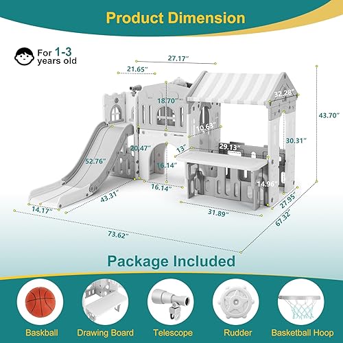 Miniatura 3 de JOYLDIAS Tobogán 9 en 1 para niños pequeños, juego independiente de escalador para niños, casa de juegos para niños pequeños con tobogán, aro de