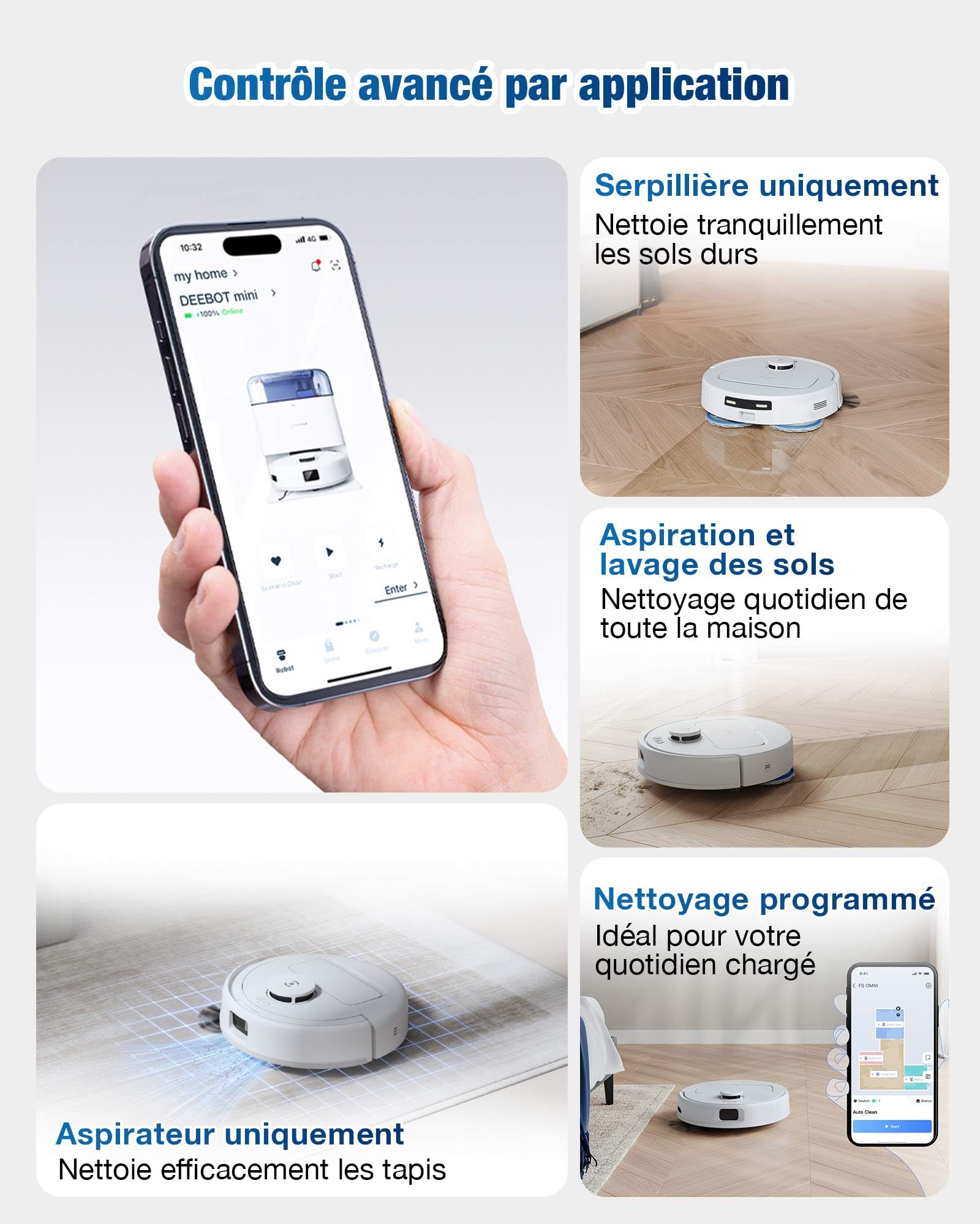 ECOVACS DEEBOT Mini Aspirateur Robot, Aspiration 9 000 Pa, ZeroTangle 2.0, TrueMapping 2.0, séchage à 45 ℃, vidage Auto, Lavage Intelligent en Profondeur, Nettoyage Auto en Un clic, Bleu