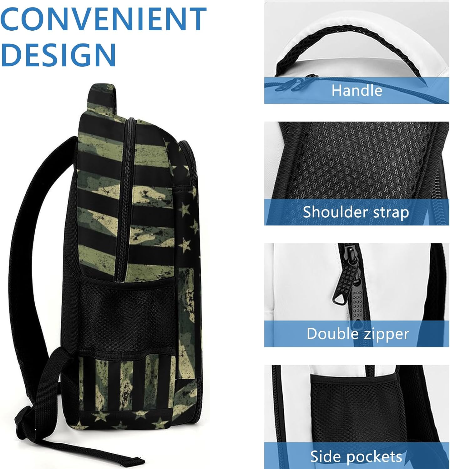 GNEW American Flag Camo Buck Deer Backpack, Army Green Camo School Backpack for Boys, Kids Teens, Water Resistant Daypack Travel Laptop Backpack, 16.5 Inch - Image 3