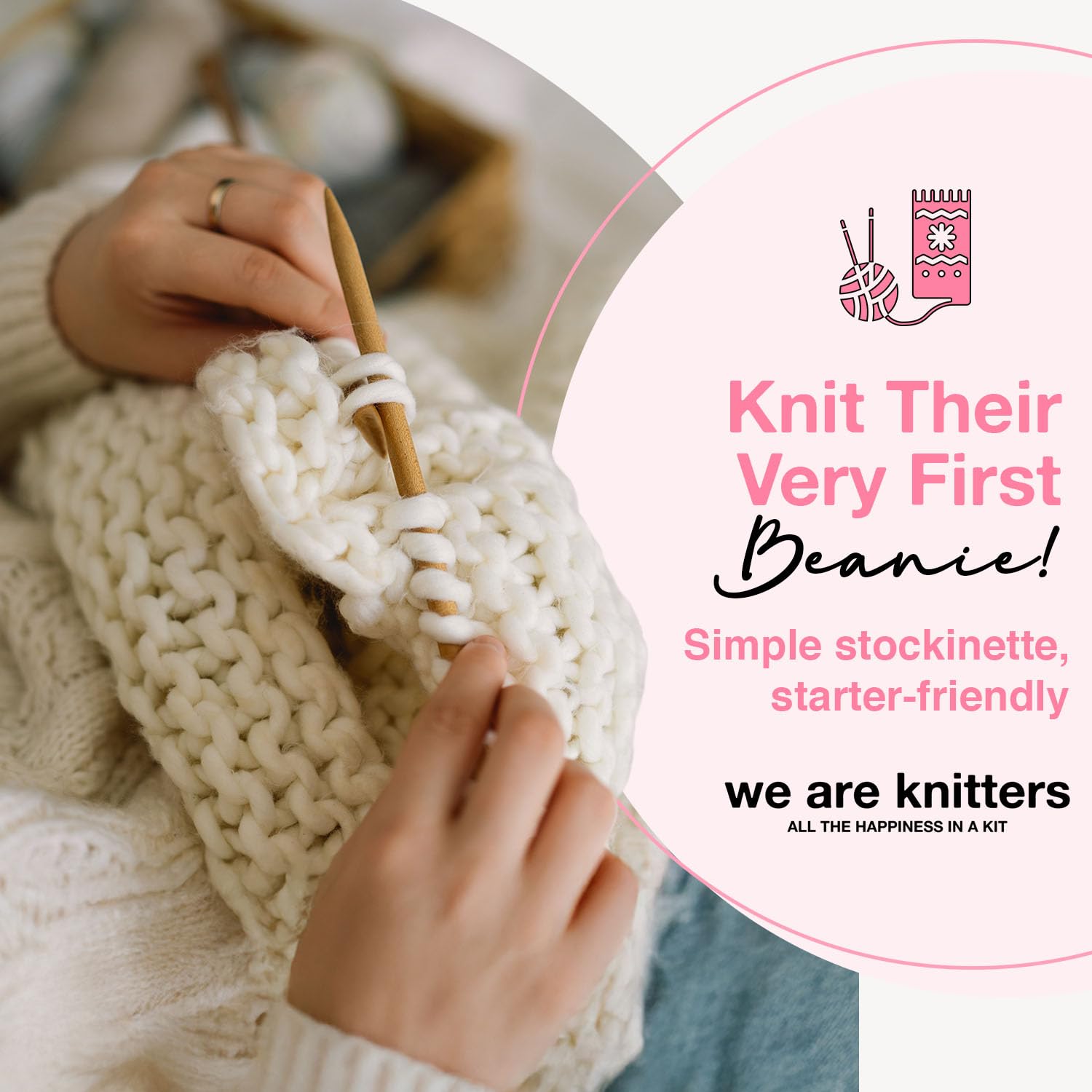 We Are Knitters Loris Beanie Strickset für Babys, DIY Mütze aus 100% Alpaka Wolle zum Stricken, Häckel kit für Anfänger, Strickset für Anfänger inkl. Stricknadeln Set, Größen 0-6M & 6-12M