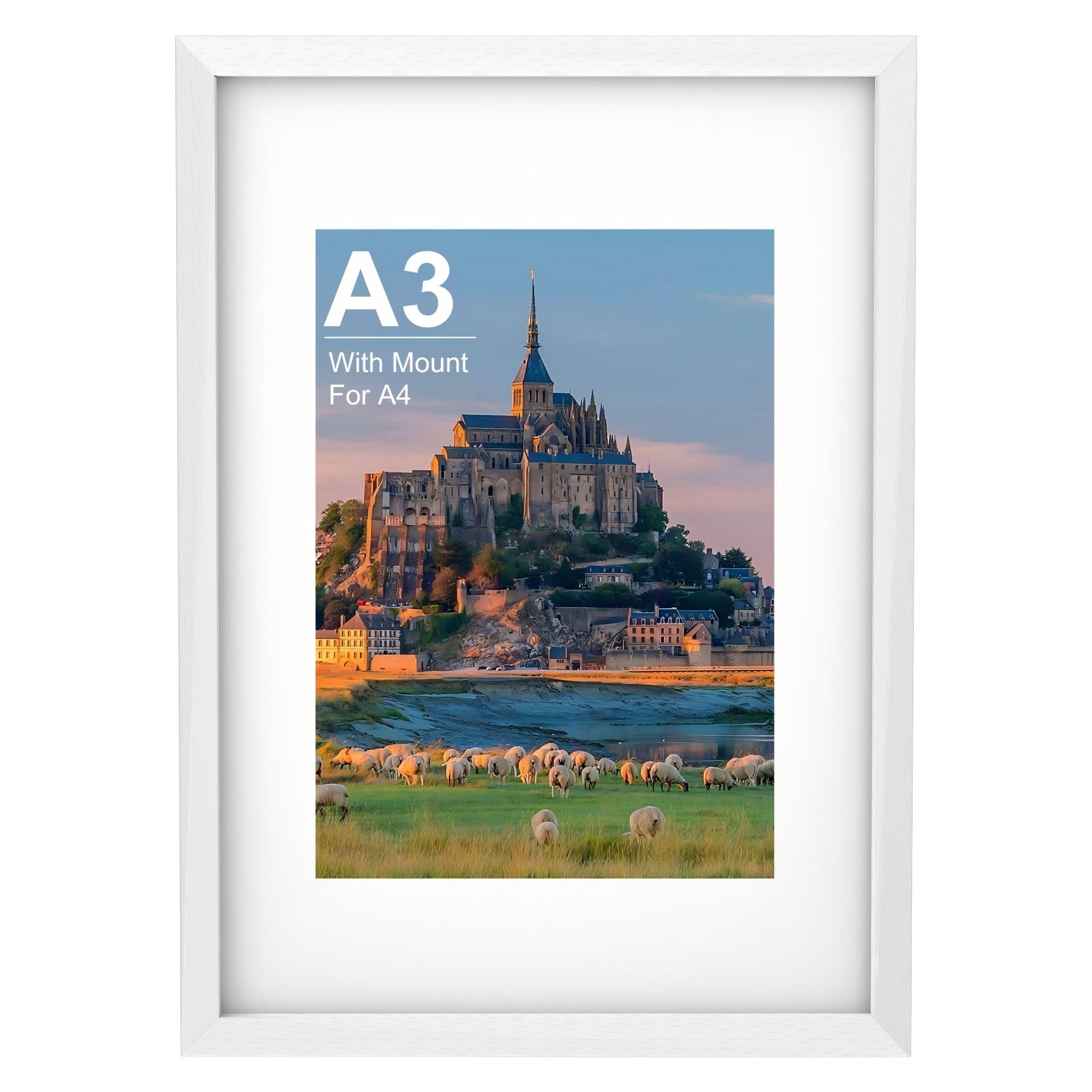 A3 Picture Frame, Wooden A3 White Photo Frame 42 x 29.7 cm with A4 Mount, Poster Frame for Certificates and Artwork, Wall Mount Horizontal or Vertical