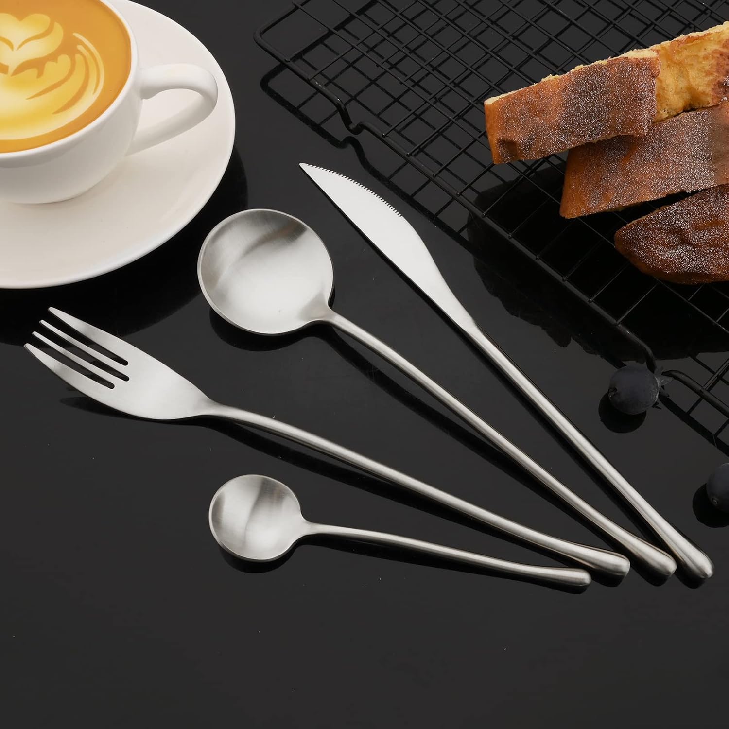 JASHII 304 Stainless Steel Silverware Set, Matte Silver Flatware Set with Round Handle, Service for 6, Satin Finish, Dishwasher Safe for Home Restaurant