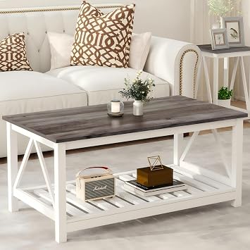 Farmhouse Coffee Table, White Oak Coffee Table for Living Room, 2-Tier Rectangular Wooden Centre Cocktail Table with Slats Shelf Storage and V-Shaped Frame Modern Coffee Oak Grey