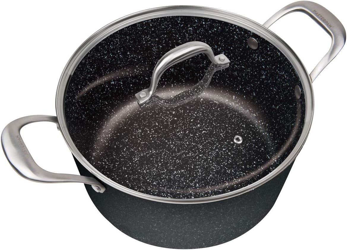 Masterpan MP-131 Stock Pot with Lid Double Layer Performance Granite Non Stick Coating, Premium Stainless Steel Stay Cool Handle, Induction Compatible, Oven Safe, Cast Aluminium, 4.7 liters, Grey