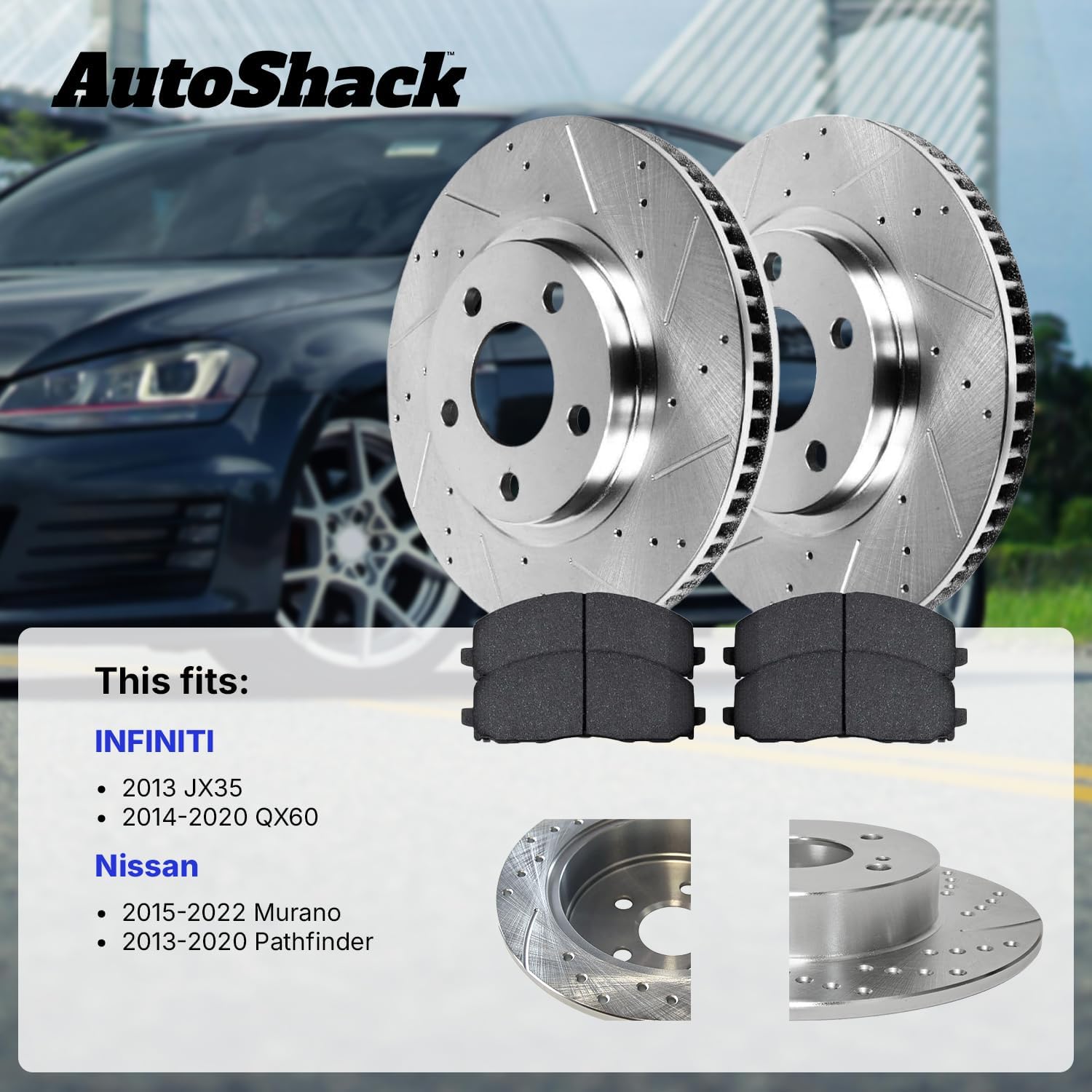 AutoShack Front Vented & Rear Vented Drilled & Slotted Silver Zinc Coated Brake Rotors + Ceramic Pads 12-PC Brake Kit Replacement for 2013-2020 Nissan Pathfinder 2013 INFINITI JX35 SilverShield Pro