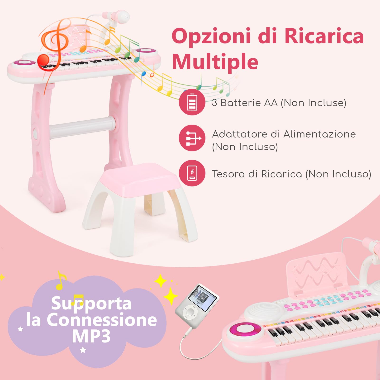 RELAX4LIFE Pianoforte per Bambini con 37 Tasti, Tastiera Elettronica con Microfono e Sgabello, Funzioni di Record e Playback, Pianoforte Giocattolo Regalo per Ragazza/Ragazzo (Rosa)