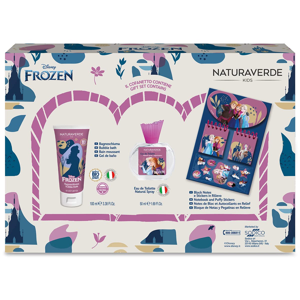 Naturaverde | Kids - Disney Frozen - Confezione Regalo Disney Frozen, Stationery Set, Eau de Toilette Natural Spray da 50ml e Bagnoschiuma in Tubo da 100ml, Set 3 Notebooks e Stickers in Rilievo