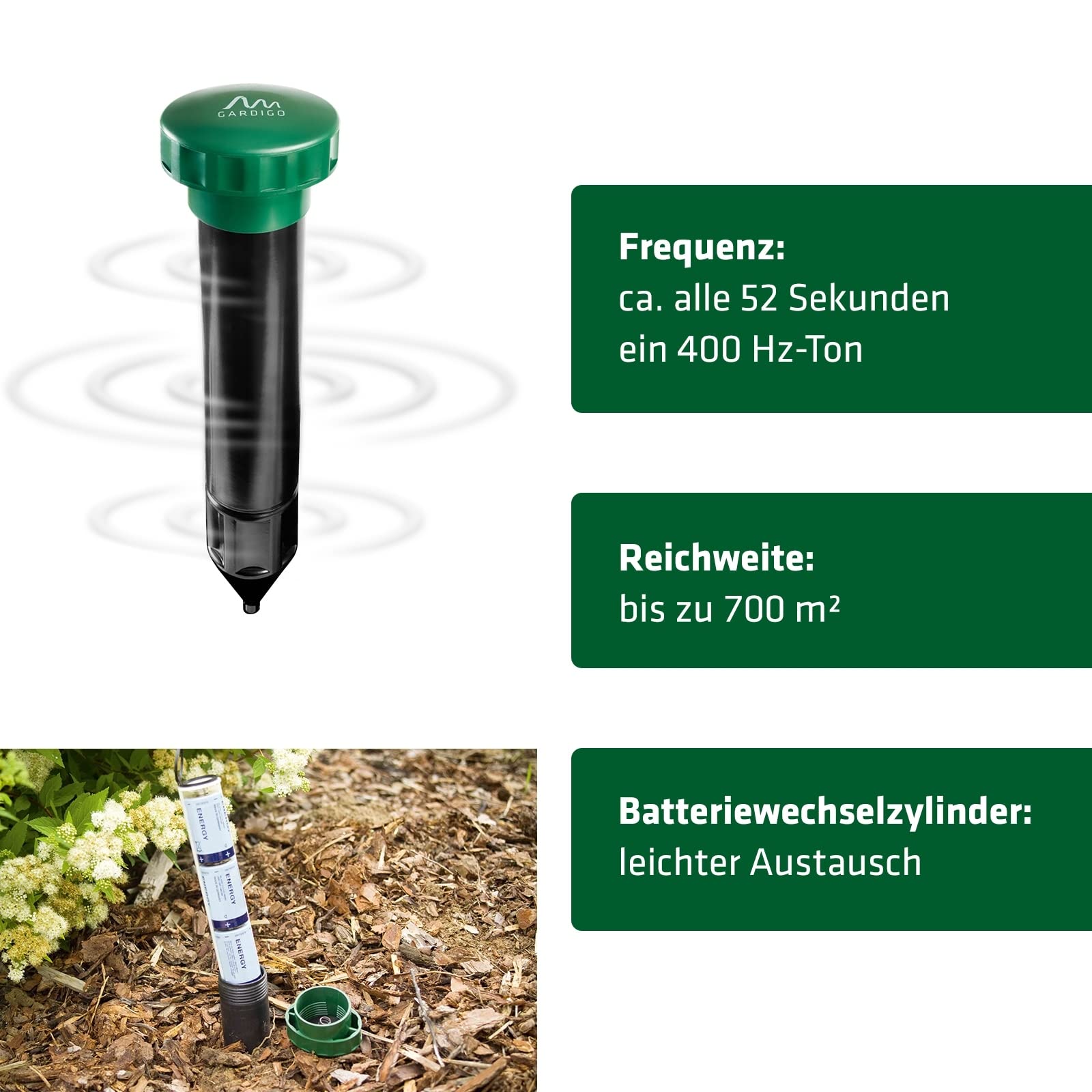 GARDIGO® Maulwurf Vertreiber Basic 2er Set | Maulwurfschreck 400-1000 Hz für ca. 700m² | Maulwurfabwehr für den Garten | Einfacher Batteriewechsel durch Batteriewechselzylinder | Wühlmausschreck