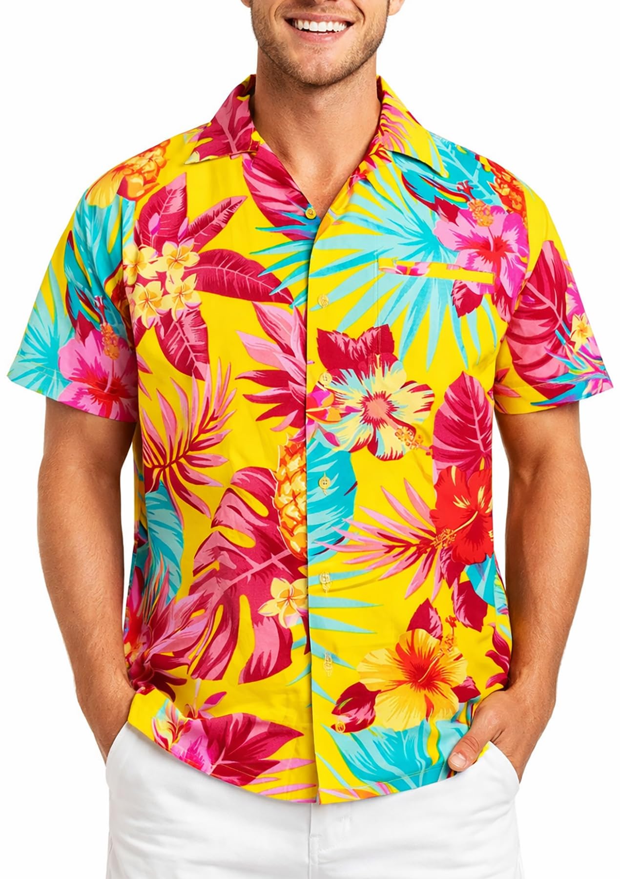 King Kameha Men's Yellow - Pineapple Hawaiian Shirts For – Hawaiian Shirt With Pineapple Print, Summer Shirts For Uk - Botton Down Shorts Sleeve Shirt - Aloha Holiday Clothes - Pineapple, Yellow, 3XL